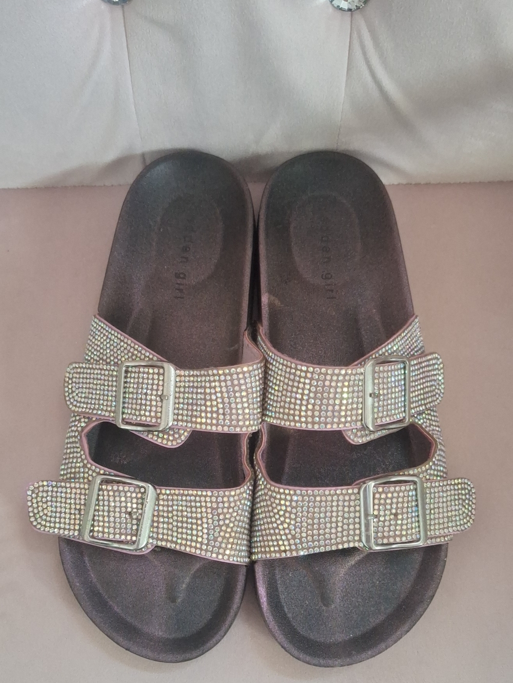 Kids Sparkle Double-Buckle Slide Sandals in Iridescent Pink